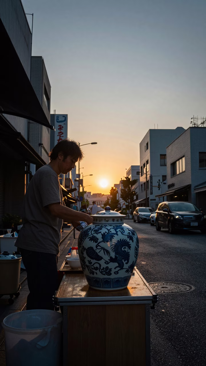 Street Vendor in Tokyo at As The Sun Drops Toward The Horizon in in Tokyo, Japan