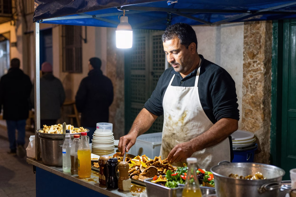 Street Vendor in Tunis at Late At Night Light in in Tunis, Tunisia