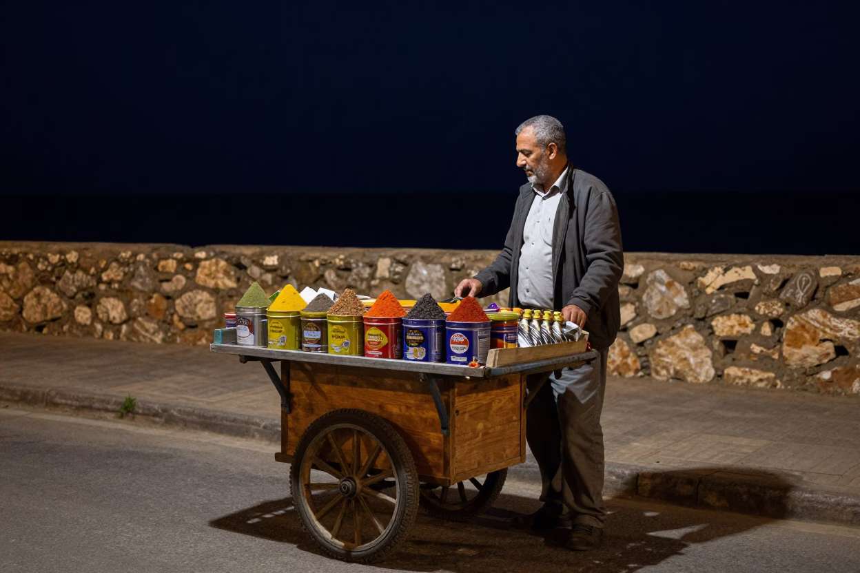 Street Vendor in Tunis at The Deepest Night Sky Light in in Tunis, Tunisia