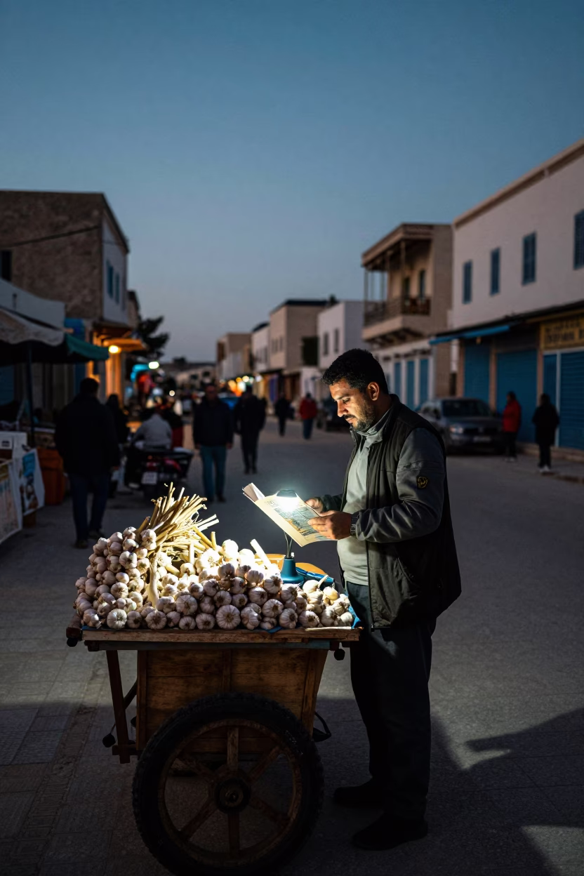 Street Vendor in Tunis at The Predawn Darkness Light in in Tunis, Tunisia