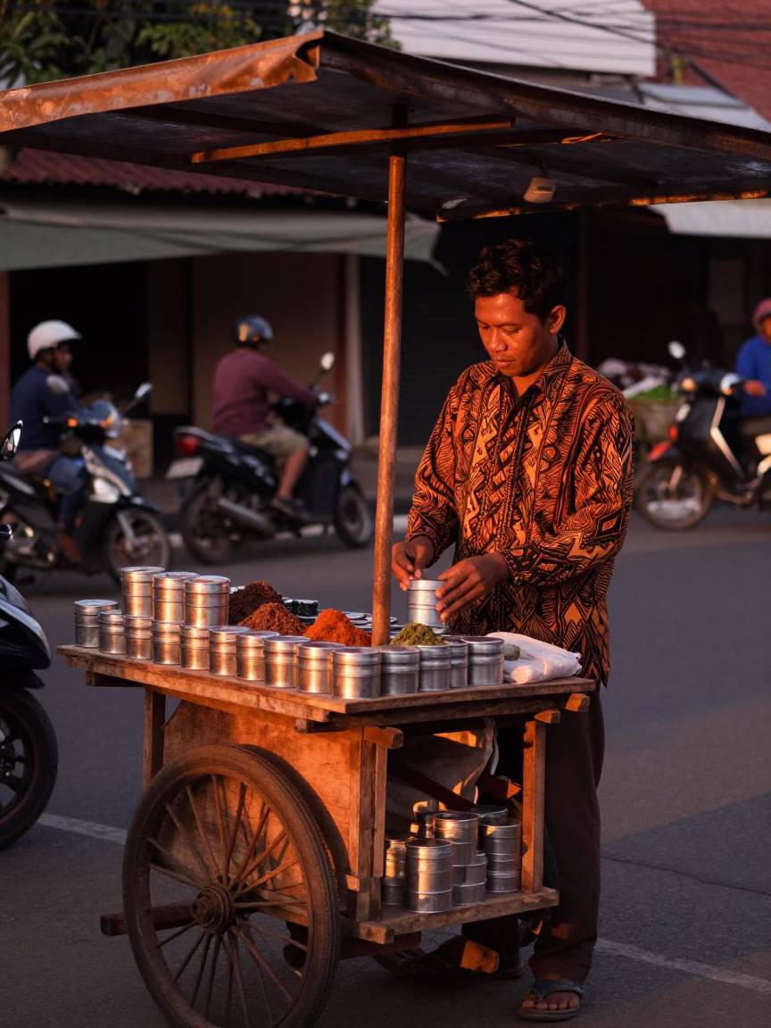 Street Vendor in Yogyakarta at Copper-toned Light Before Dusk in in Yogyakarta, Indonesia