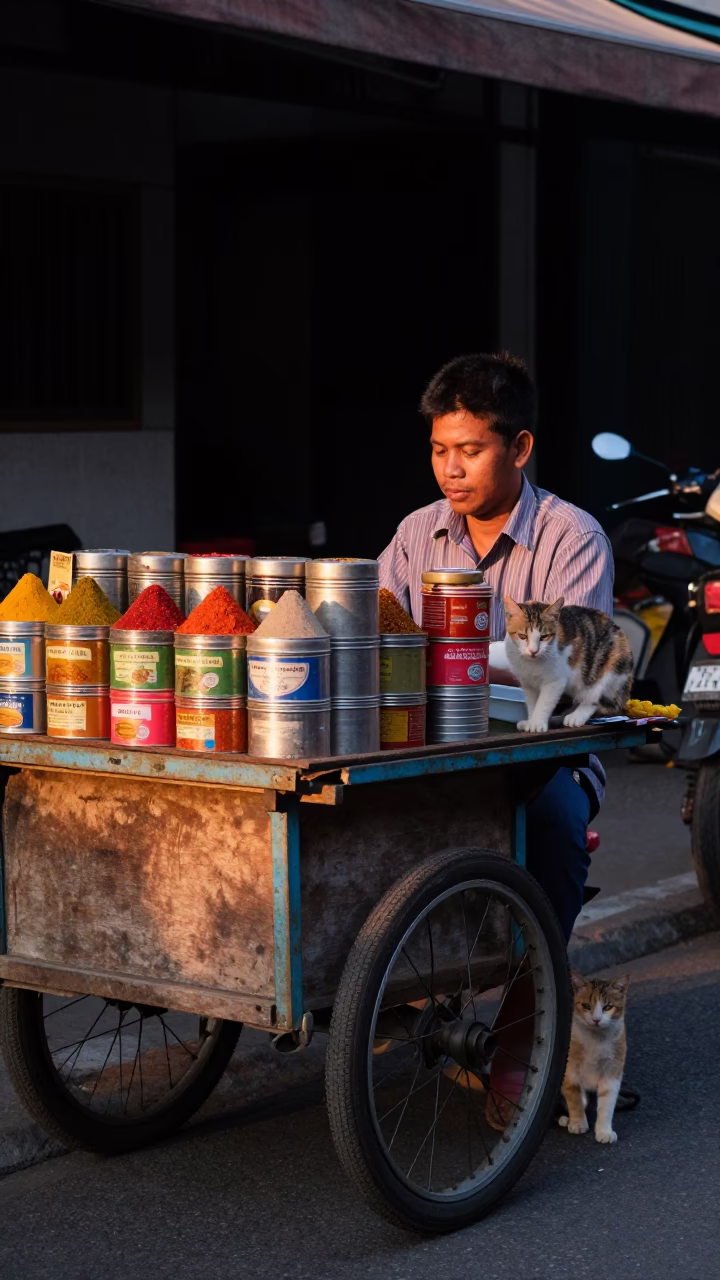 Street vendor in Yogyakarta evening with spice tins and cat in in Yogyakarta, Indonesia