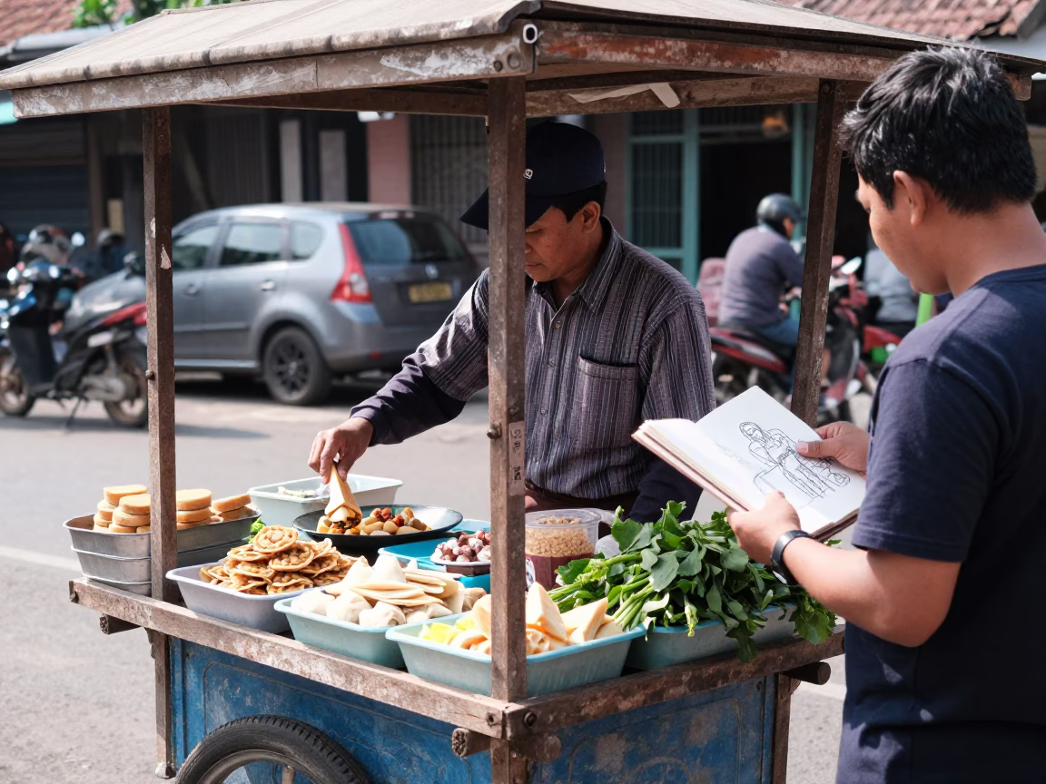 Street Vendor in Yogyakarta Indonesia Midmorning Light with Sketchbook and Local Interaction in in Yogyakarta, Indonesia