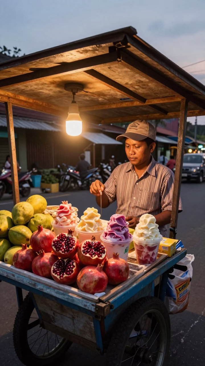 Street Vendor in Yogyakarta Indonesia Selling Pomegranates and Gelato in Evening Light in in Yogyakarta, Indonesia