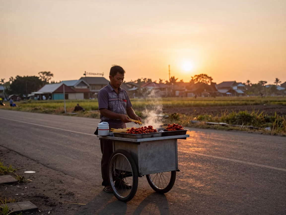 Street Vendor in Yogyakarta Indonesia Selling Spicy Spicy Chicken Satay at Sunset in in Yogyakarta, Indonesia