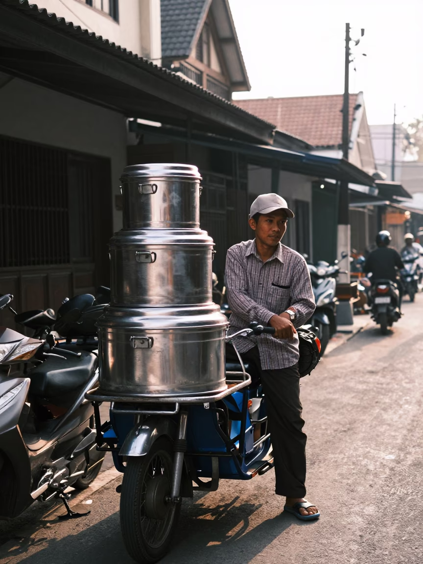 Street Vendor in Yogyakarta Late Morning with Tiffin Tin and Jam Jar in in Yogyakarta, Indonesia