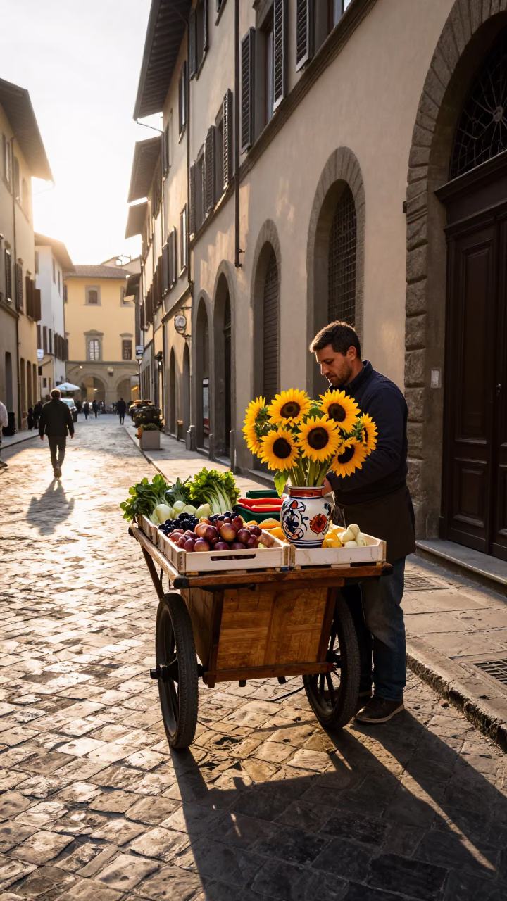 Street Vendor just after sunrise in Florence in in Florence, Italy