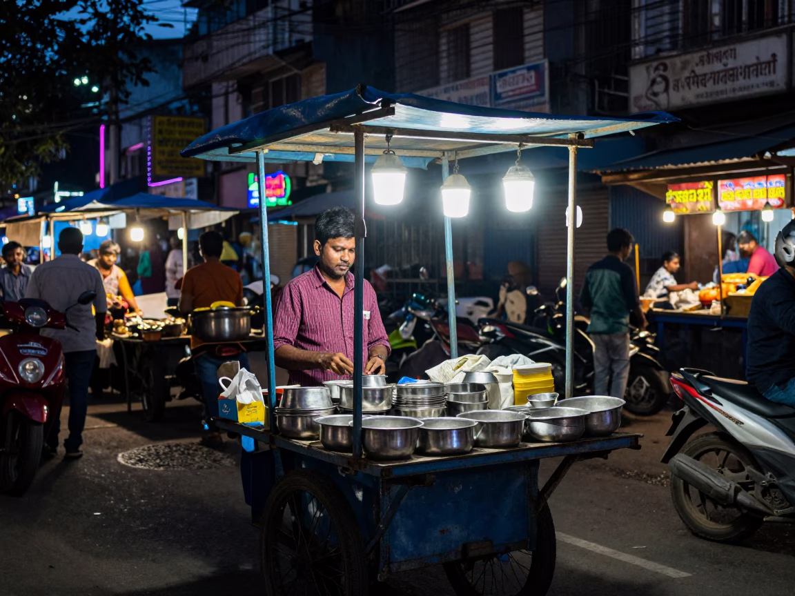 Street Vendor Night Market Stall Mumbai India Under Mixed City Light in in Mumbai, India