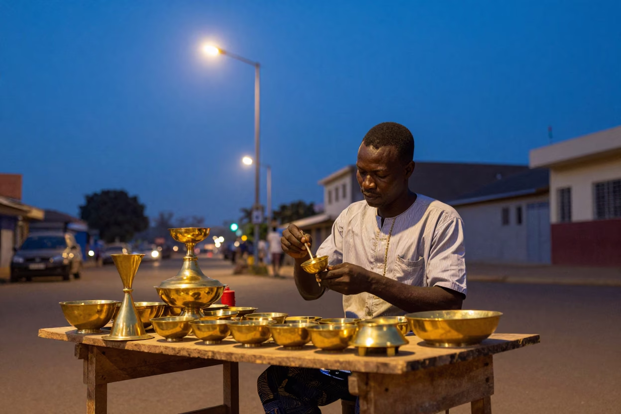 Street vendor polishing brass wares under blue hour streetlights in Accra Ghana in in Accra, Ghana