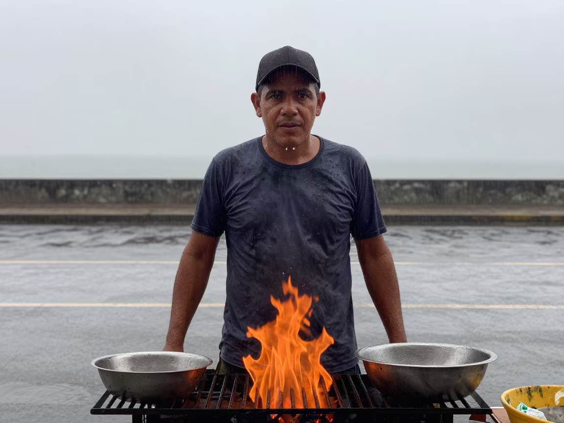 Street Vendor Portrait Under Charcoal Grill Glow in in Bucaramanga