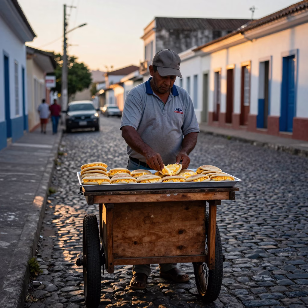 Street Vendor Preparing Arepas with Cheese in Salvador Brazil Before Dawn in in Salvador, Brazil