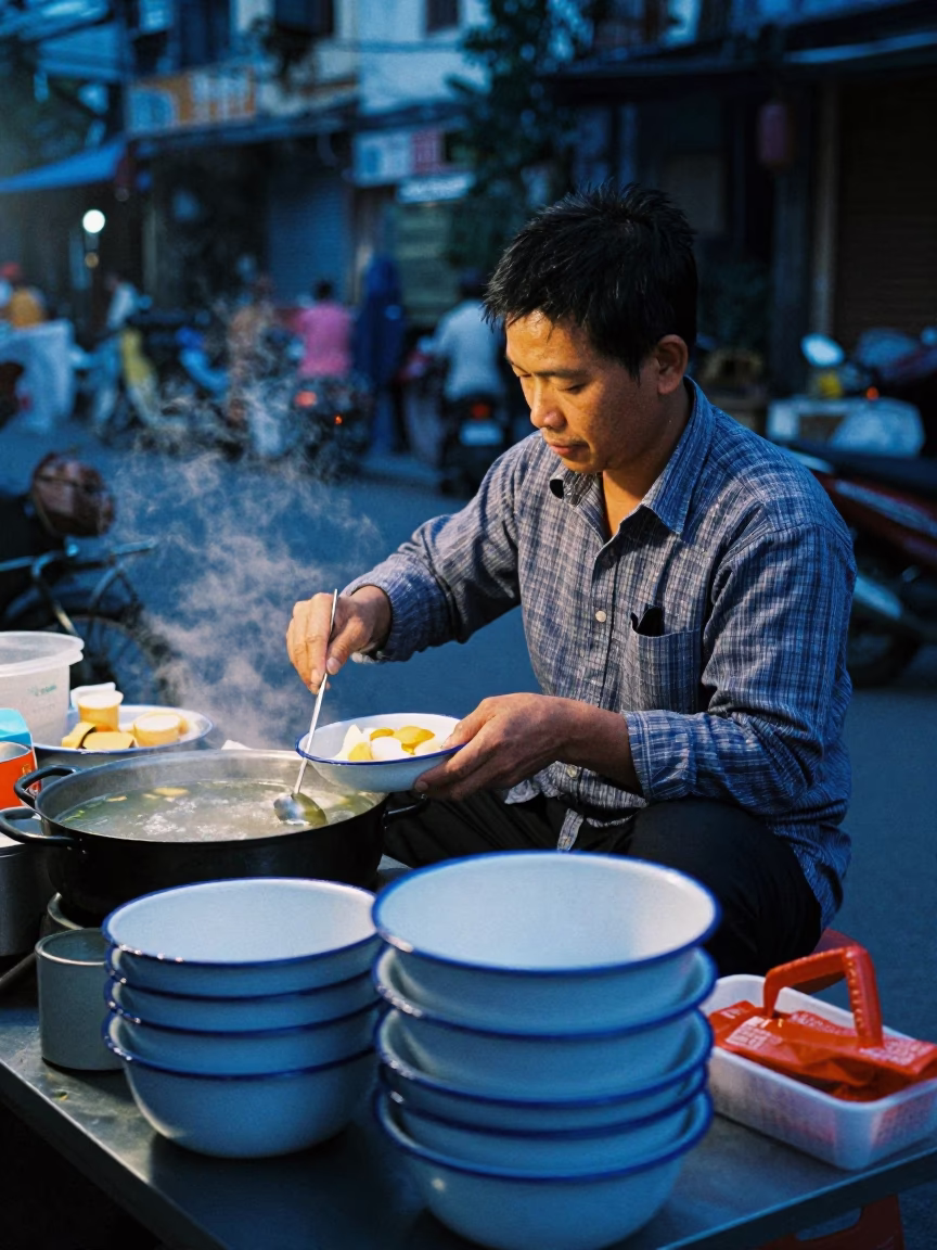 Street Vendor Preparing Breakfast in Hanoi Vietnam Before Dawn with Enamel Bowls in in Hanoi, Vietnam