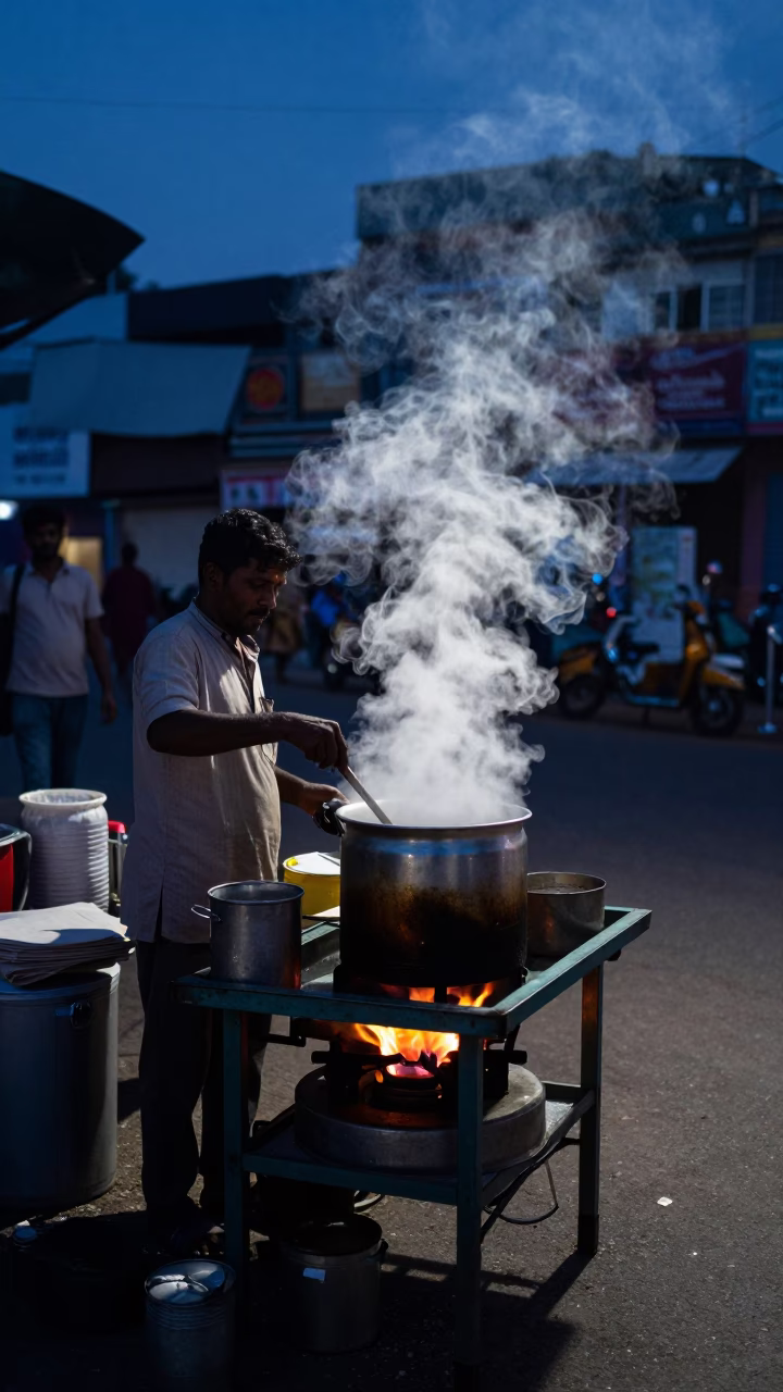 Street Vendor Preparing Chai in Hyderabad India Predawn Darkness with Steam and Warm Light in in Hyderabad, India