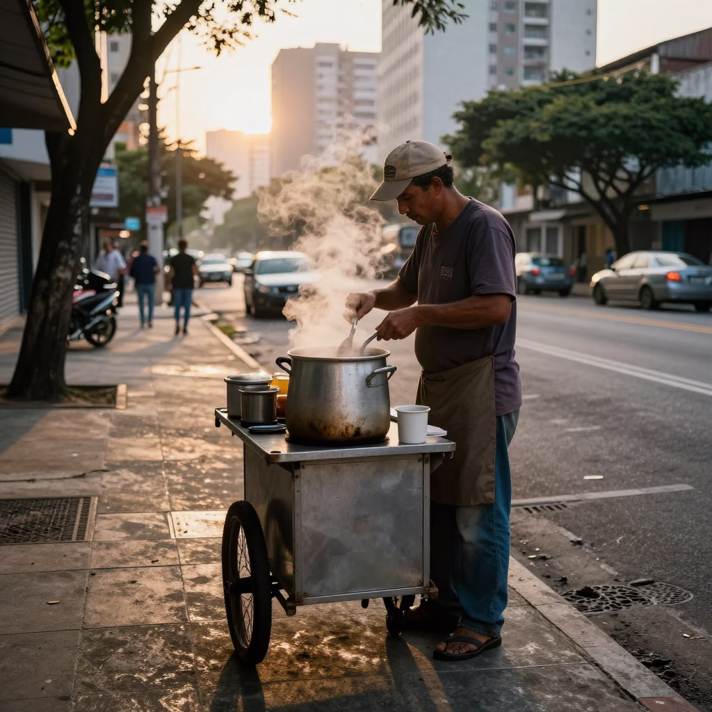 Street vendor preparing coffee at nautical dawn in São Paulo Brazil in in São Paulo, Brazil