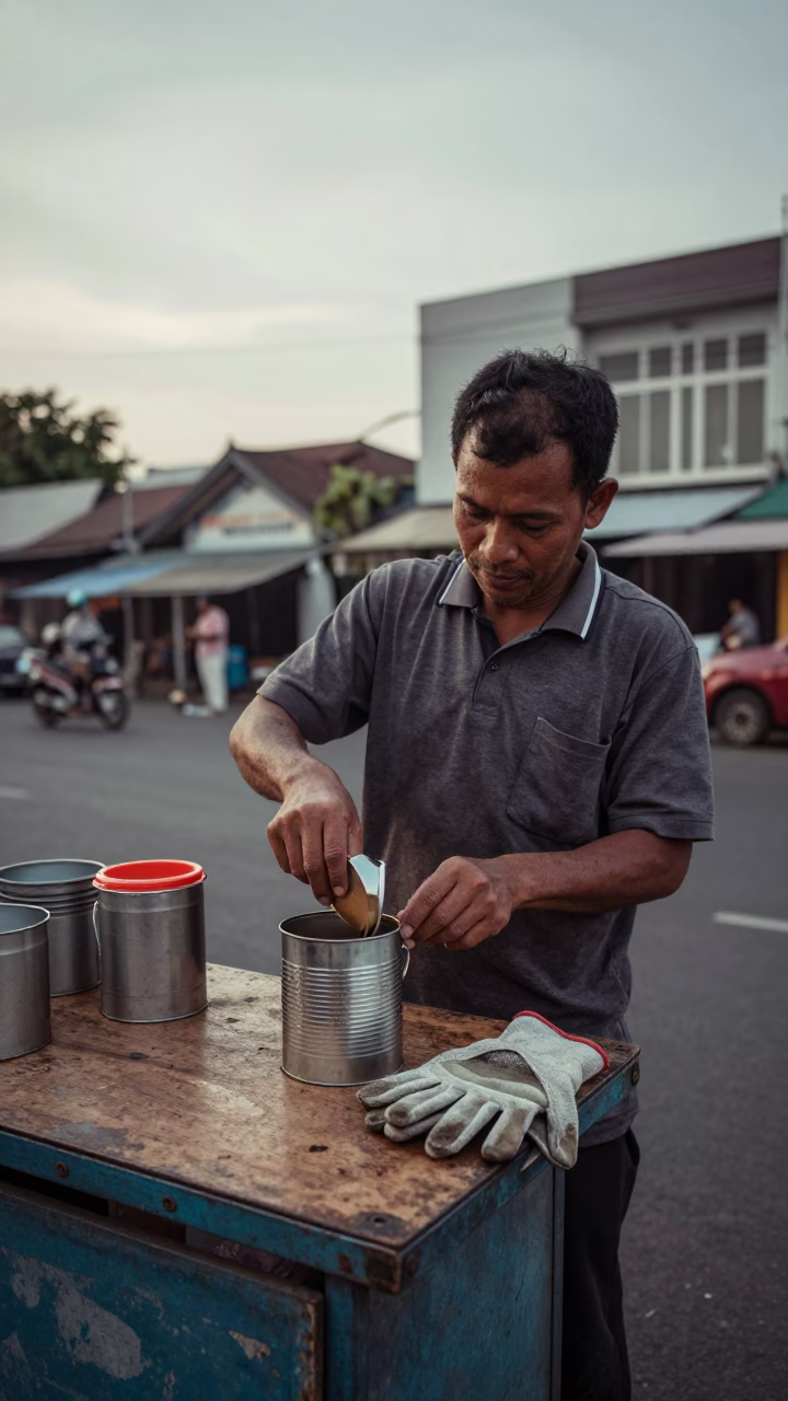 Street Vendor Preparing Coffee Tin in Surabaya Before Dawn in in Surabaya, Indonesia