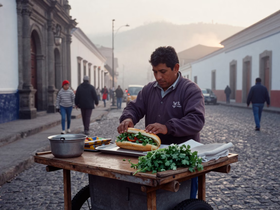 Street Vendor Preparing Fresh Banh Mi with Cilantro in Quito Ecuador at Dawn in in Quito, Ecuador