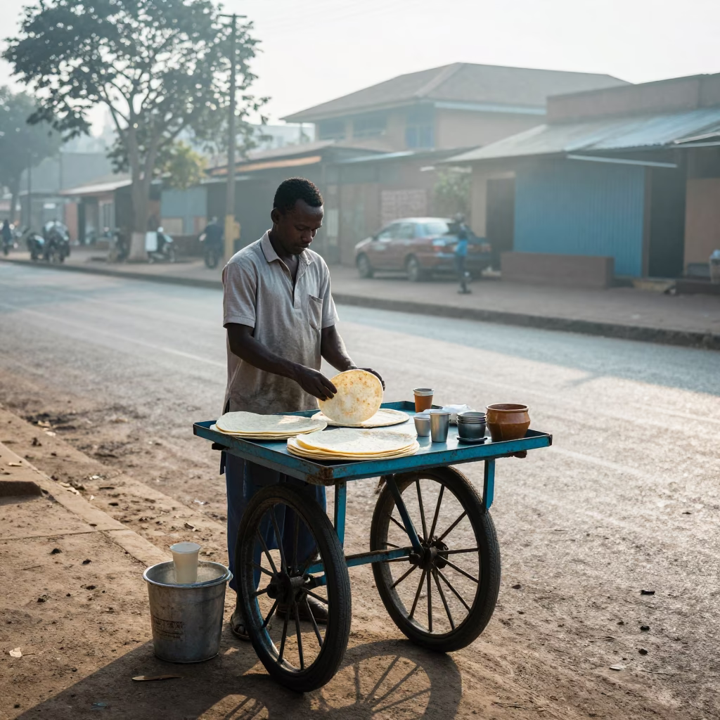 Street Vendor Preparing Fresh Chapati and Tea in Nairobi Kenya Before Sunrise in in Nairobi, Kenya