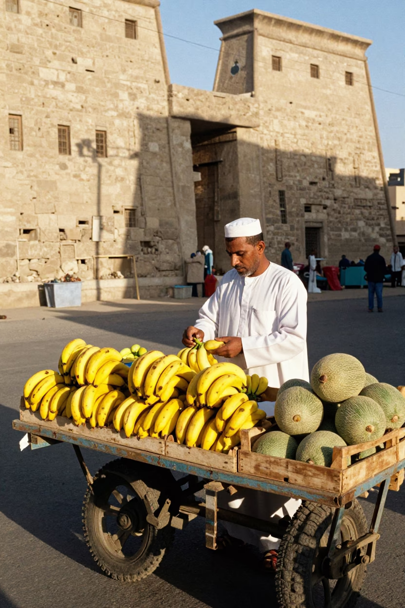Street vendor preparing fresh fruit in Luxor Egypt late morning market in in Luxor, Egypt