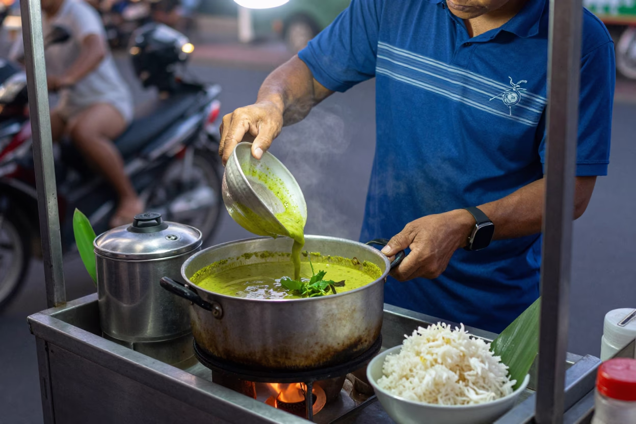 Street Vendor Preparing Green Curry with Jasmine Rice in Bangkok Before Dawn in in Bangkok, Thailand