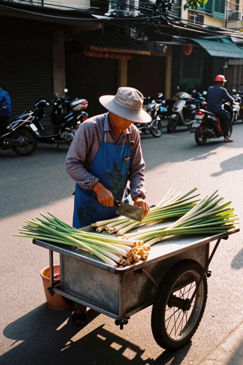 Street Vendor Preparing Lemongrass in Ho Chi Minh City Late Afternoon Light in in Ho Chi Minh City, Vietnam