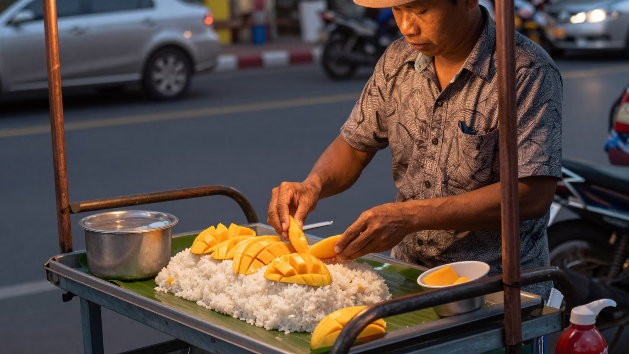 Street Vendor Preparing Mango Sticky Rice in Bangkok Before Dusk in in Bangkok, Thailand