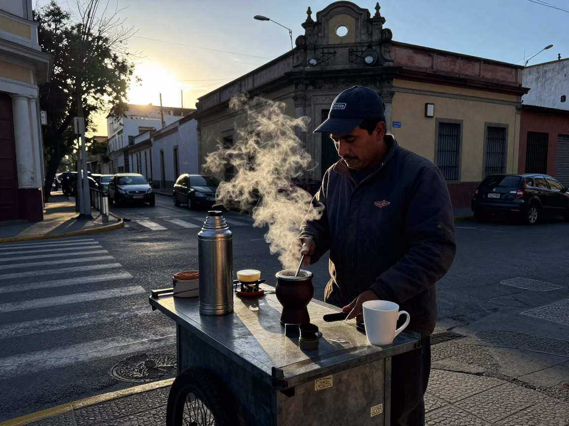 Street Vendor Preparing Mate and Coffee in Buenos Aires Before Dawn in in Buenos Aires, Argentina
