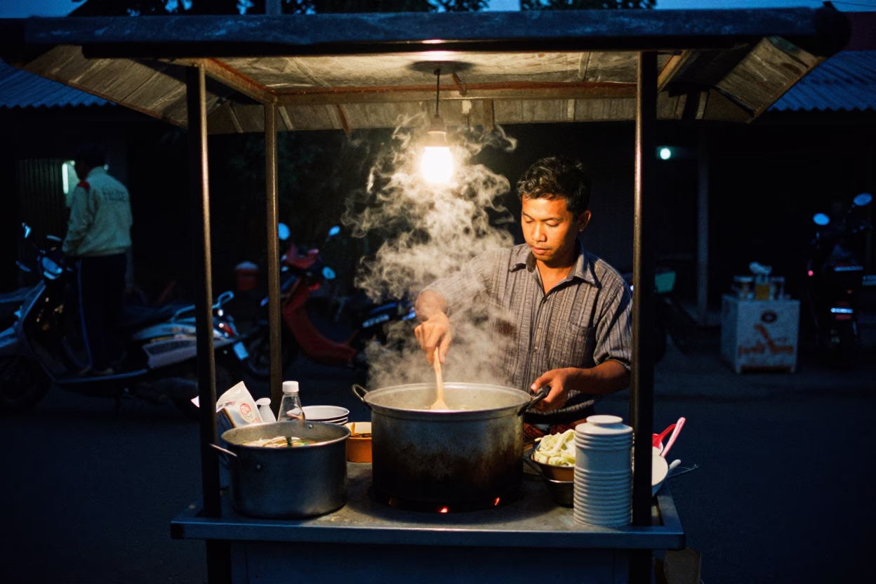 Street Vendor Preparing Mohinga Noodle Soup in Predawn Darkness in Yogyakarta Indonesia in in Yogyakarta, Indonesia