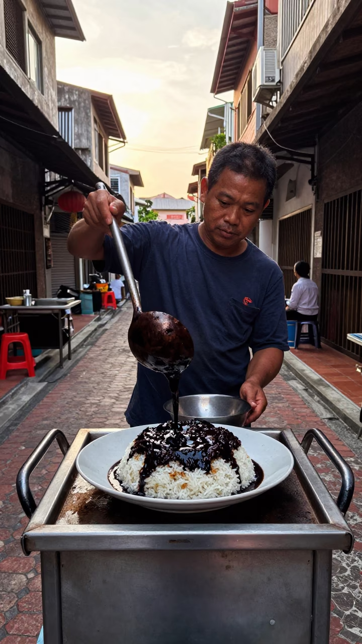 Street Vendor Preparing Mole Negro Rice in Tainan Taiwan at Nautical Dawn in in Tainan, Taiwan