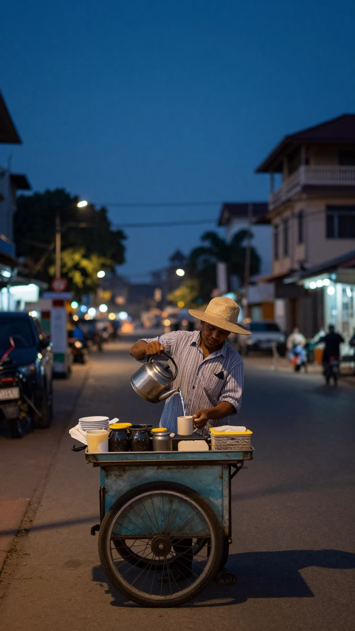 Street Vendor Preparing Morning Coffee in Phnom Penh Before Dawn in in Phnom Penh, Cambodia