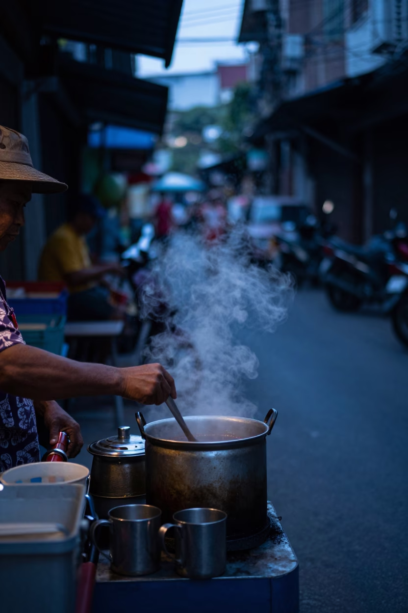 Street Vendor Preparing Morning Coffee with Metal Mugs Before Sunrise in Bangkok Thailand in in Bangkok, Thailand