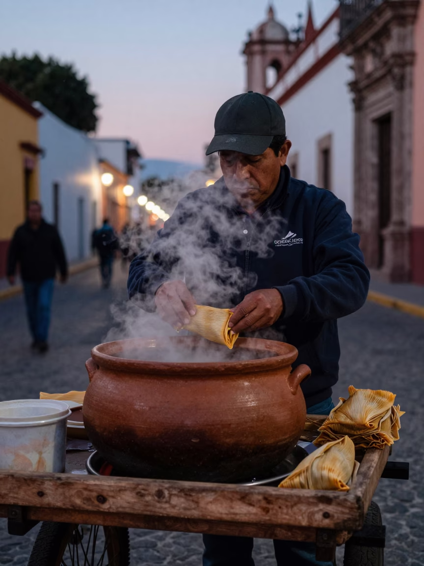 Street vendor preparing Oaxacan tamales at dusk with clay pots and steam in in Oaxaca, Mexico
