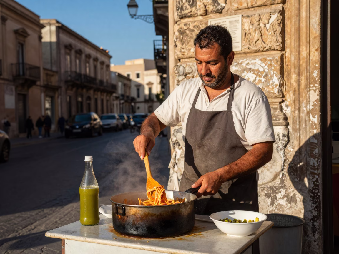 Street Vendor Preparing Pasta with Olive Wood Spoon in Palermo Sicily Late Afternoon in in Palermo, Italy