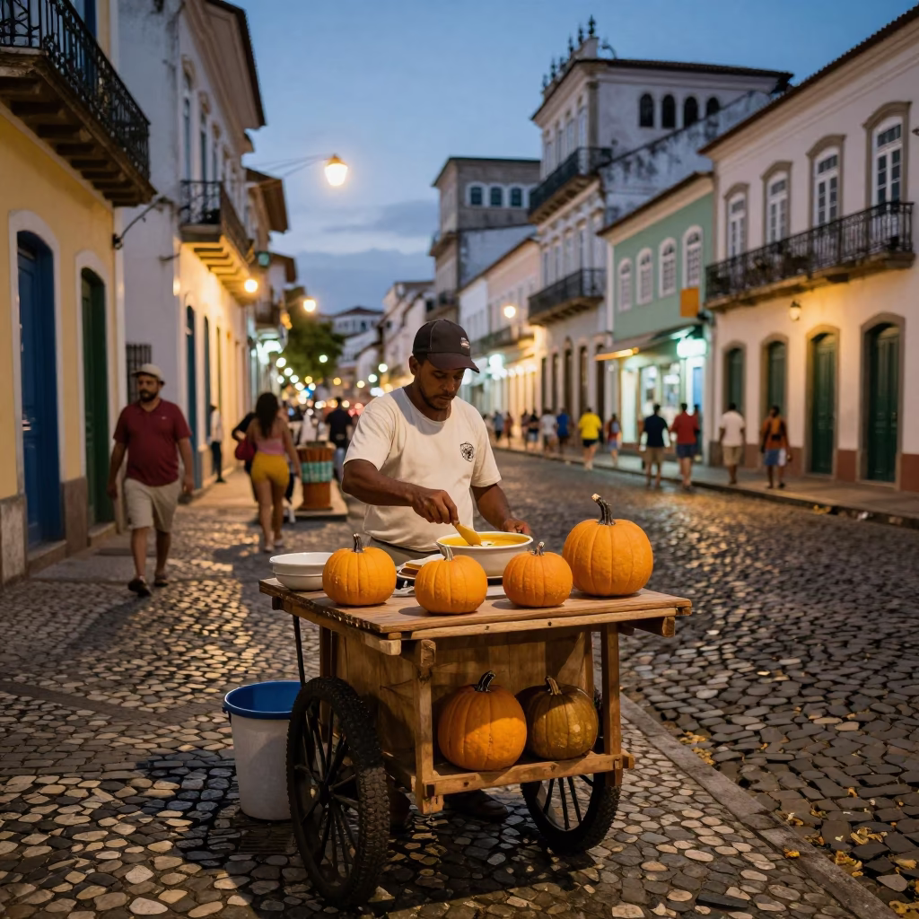 Street Vendor Preparing Pumpkin Soup with Pepitas in Salvador Brazil at Dusk in in Salvador, Brazil