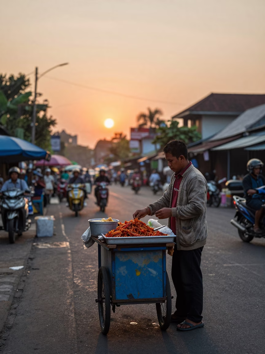 Street Vendor Preparing Spicy Snacks in Yogyakarta at Dusk with Kettle and Spice Jar in in Yogyakarta, Indonesia