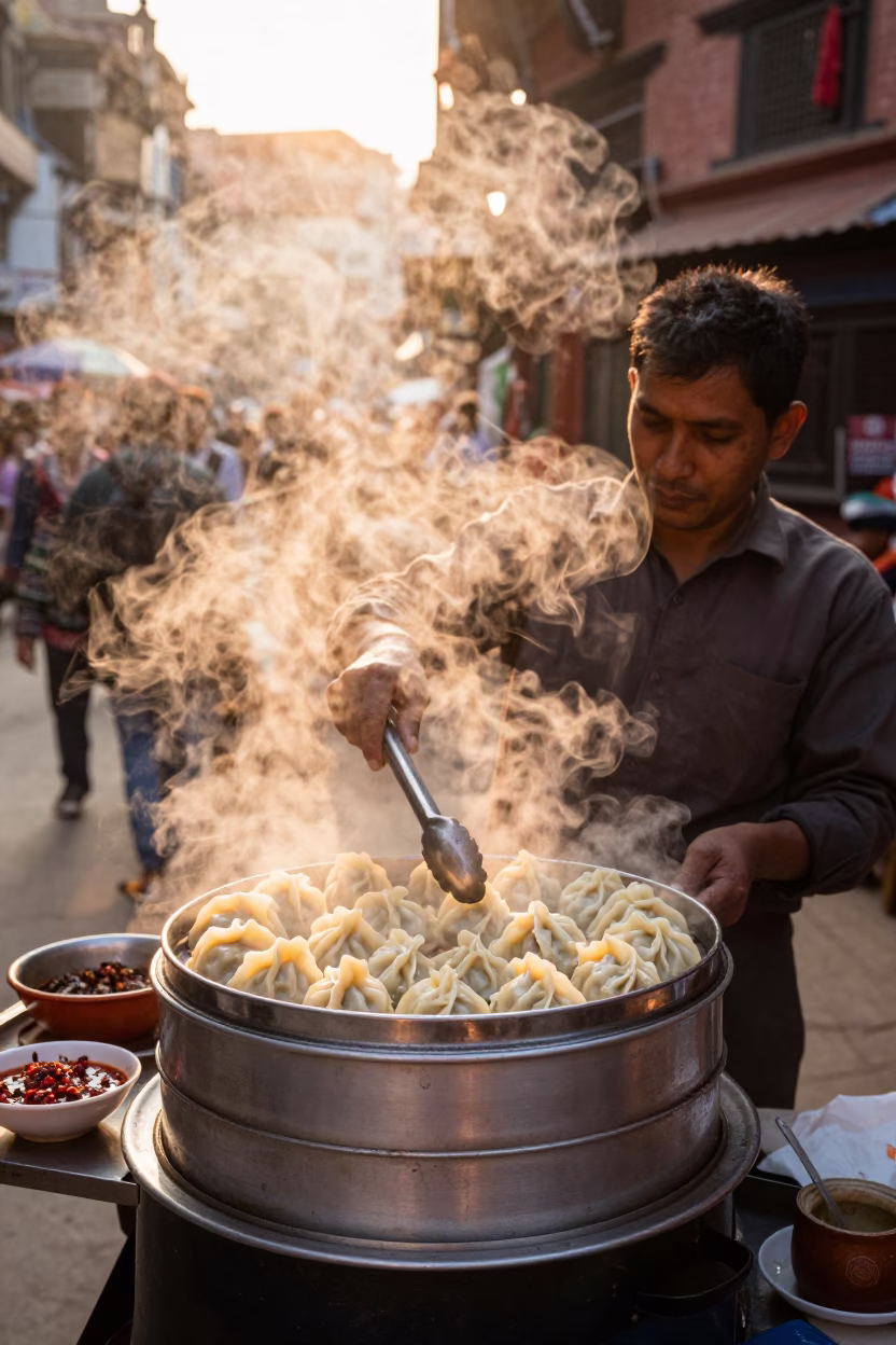 Street Vendor Preparing Steamed Momos with Spicy Chutney in Kathmandu Nepal at Sunset in in Kathmandu, Nepal