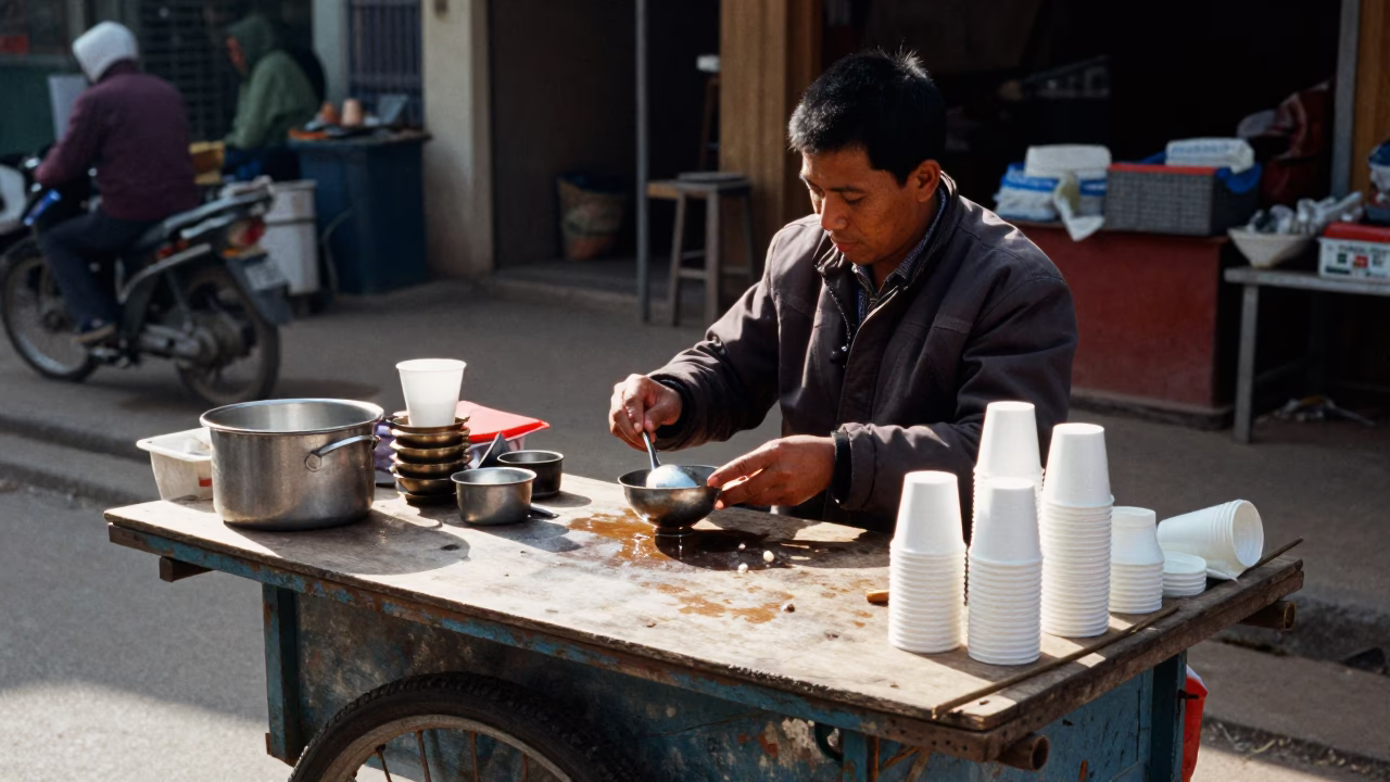 Street Vendor Preparing Tea in Phnom Penh Winter Noon Light in in Phnom Penh, Cambodia