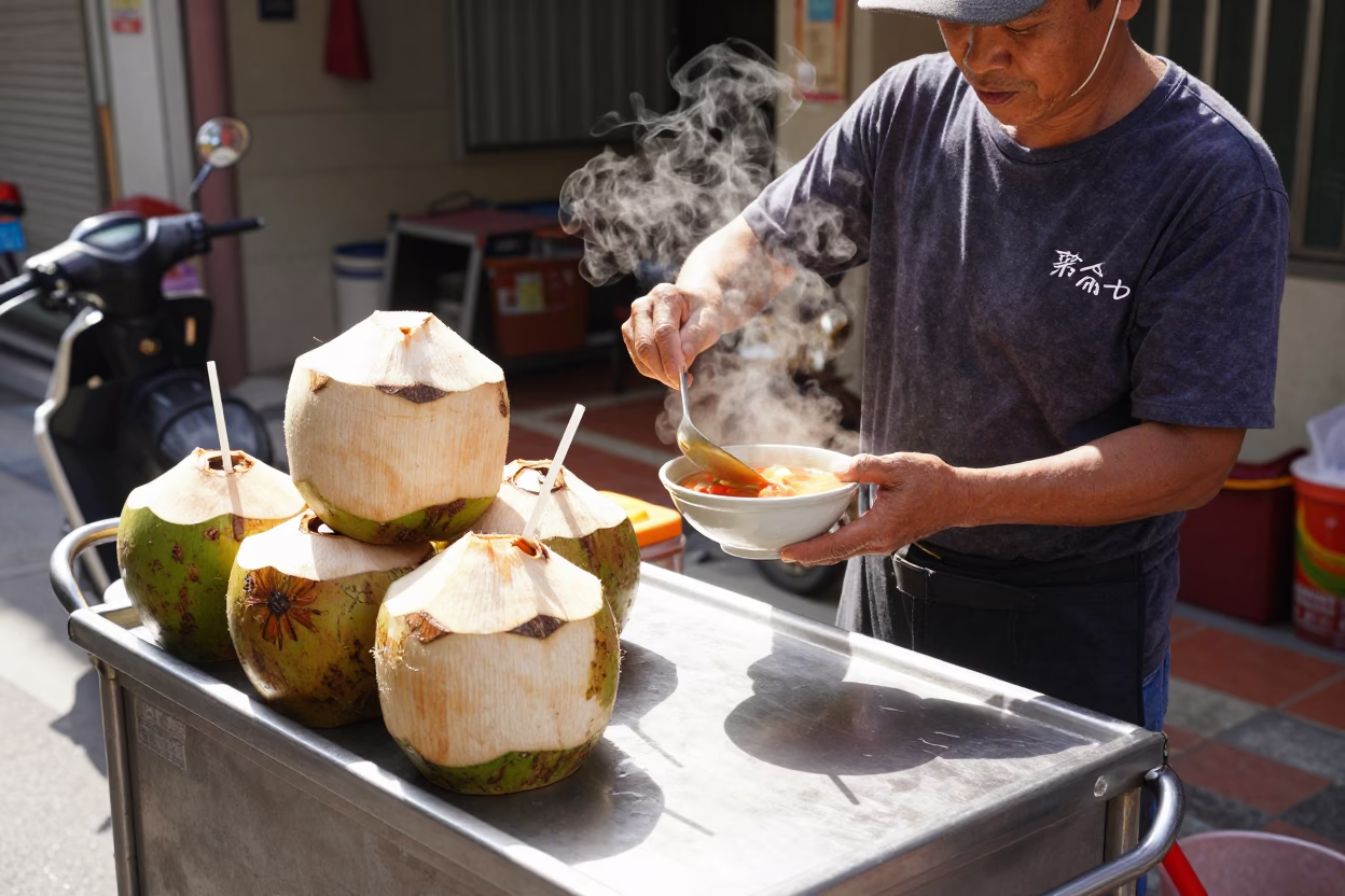 Street Vendor Preparing Tom Yum Soup with Coconuts in Bright Midmorning Tainan Taiwan in in Tainan, Taiwan