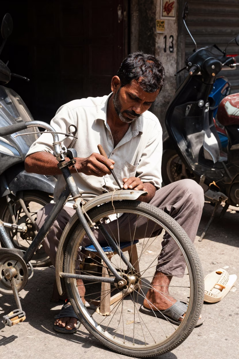 Street Vendor Repairing Bicycle with Awl and Twine in Bright Mumbai Morning Light in in Mumbai, India
