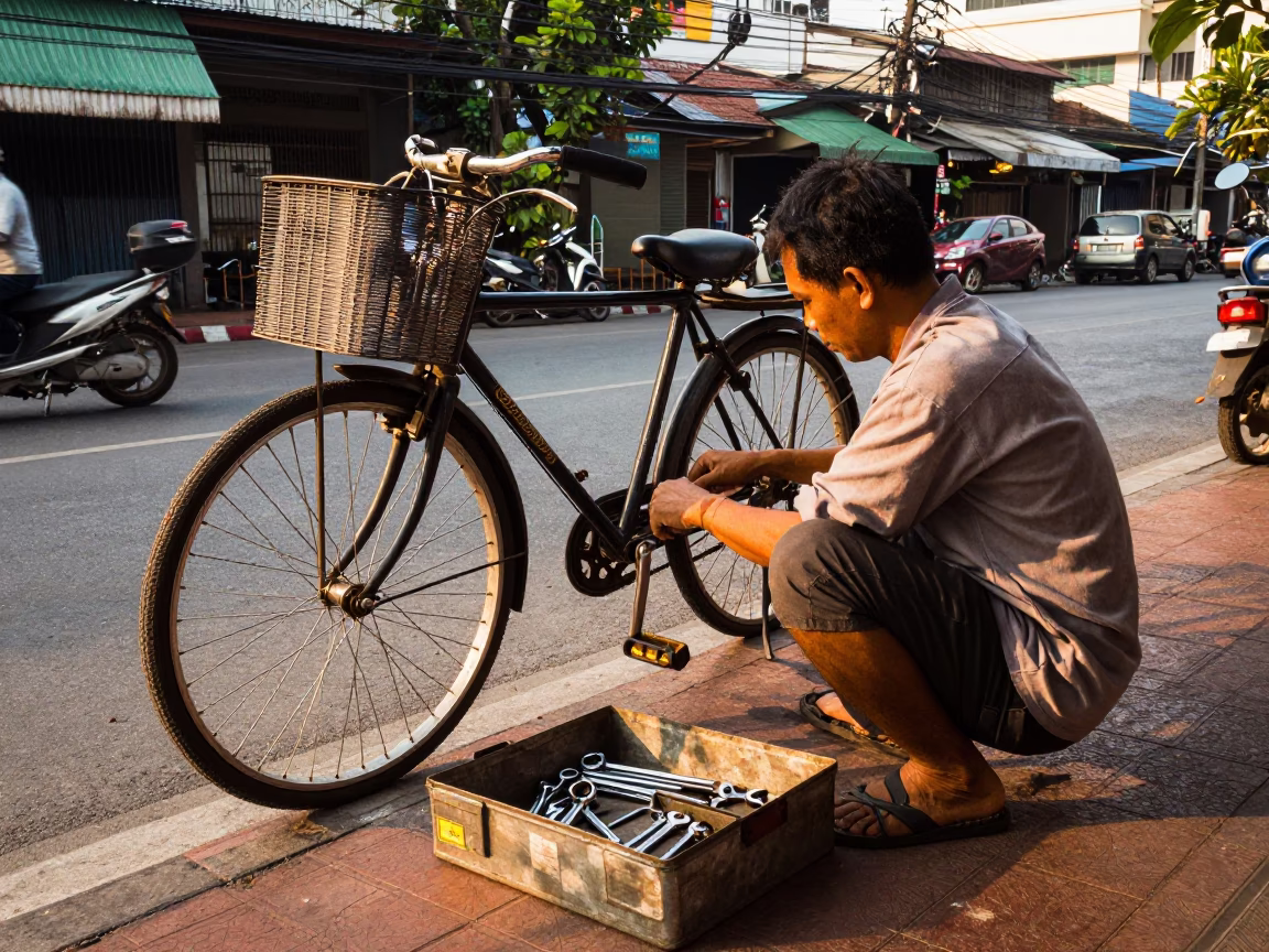 Street Vendor Repairing Bicycle with Toolbox in Bangkok Late Afternoon in in Bangkok, Thailand