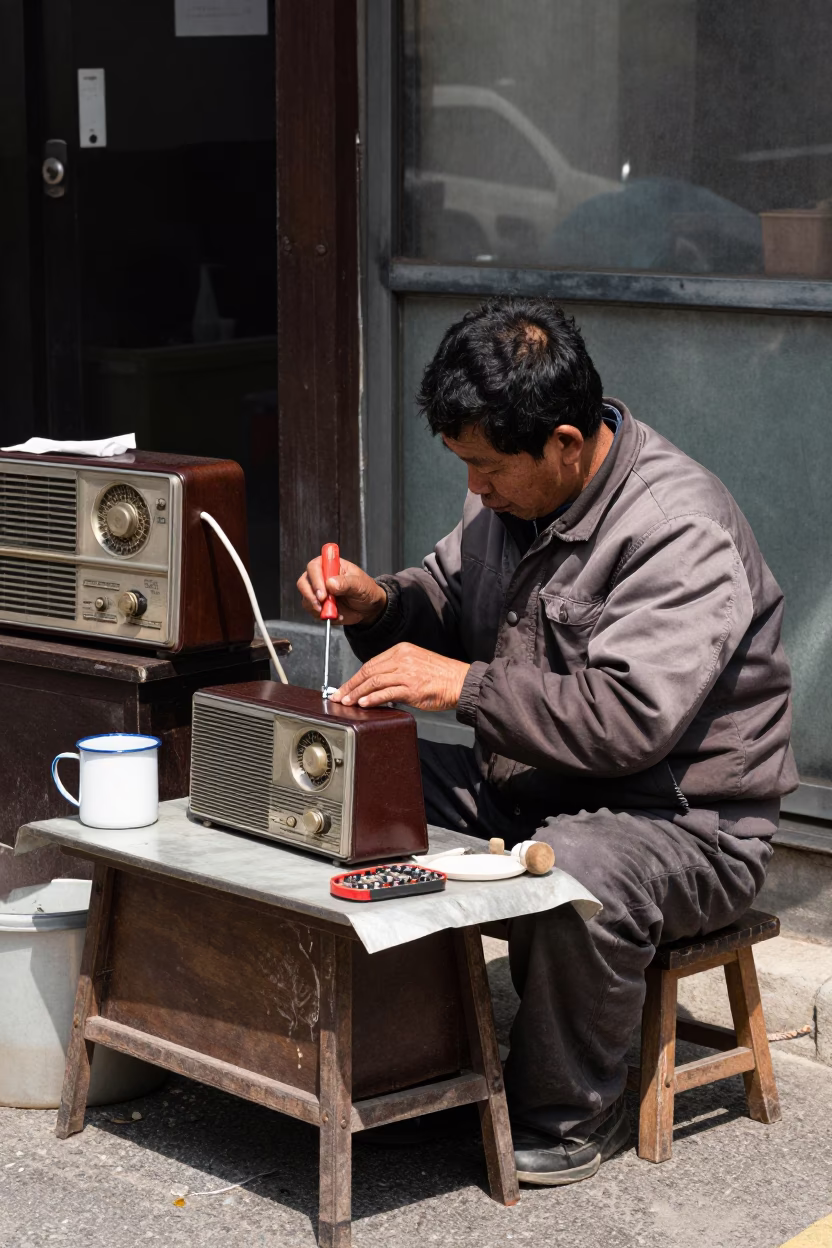 Street Vendor Repairing Old Radio in Seoul Noon Light in in Seoul, South Korea