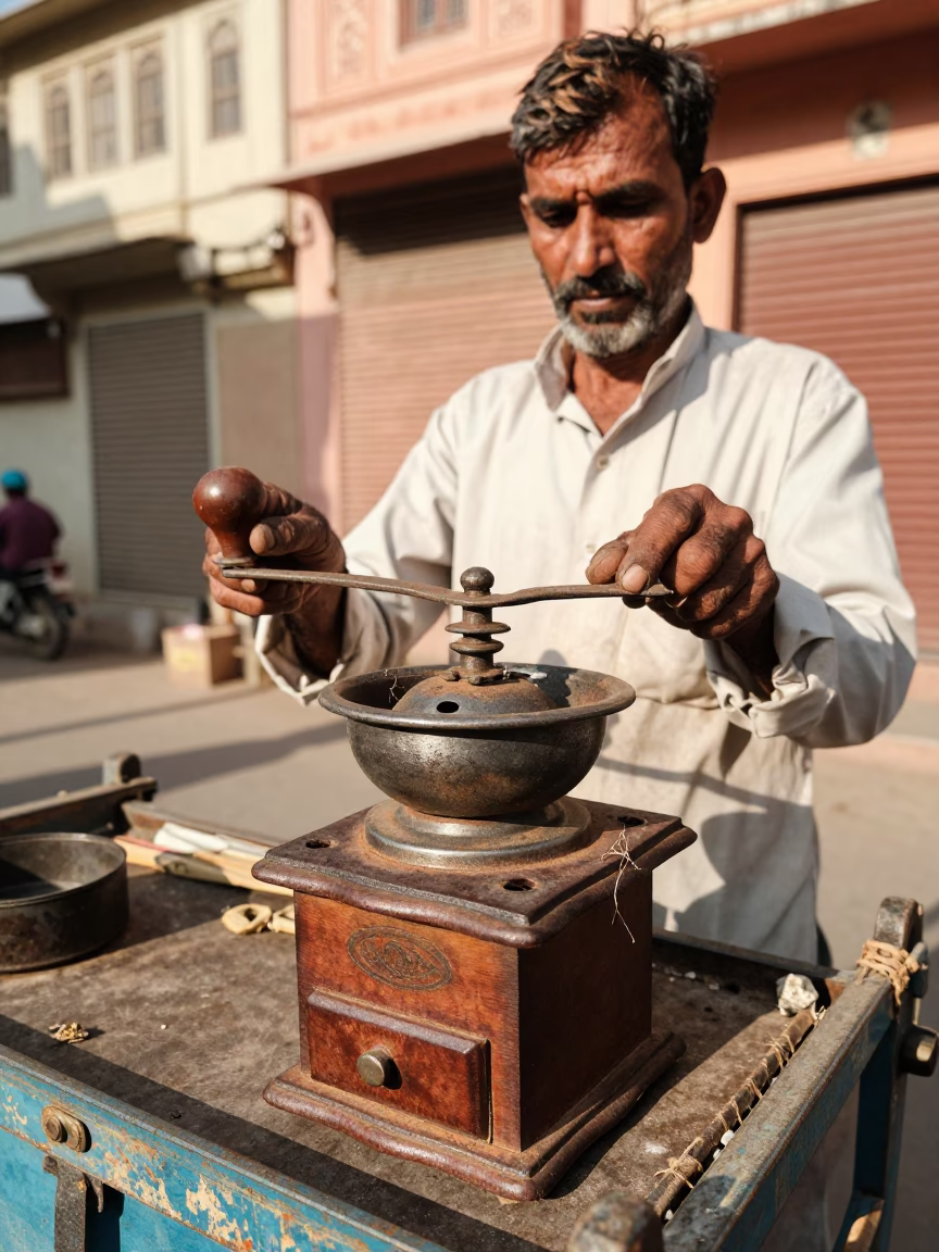 Street Vendor Repairing Vintage Hand-Crank Coffee Grinder on Jaipur Sidewalk in in Jaipur, India