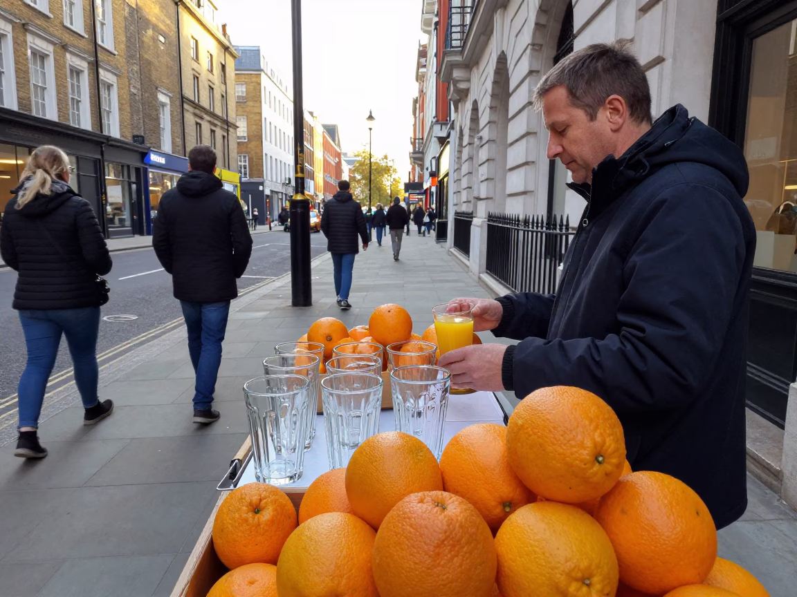Street Vendor Sales of Oranges and Glass Tumblers in London Afternoon Market in in London, United Kingdom