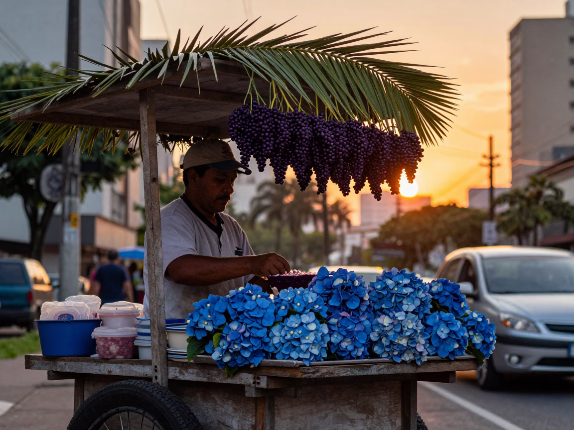 Street Vendor Selling Açaí and Hydrangeas in São Paulo Brazil at Sunset in in São Paulo, Brazil