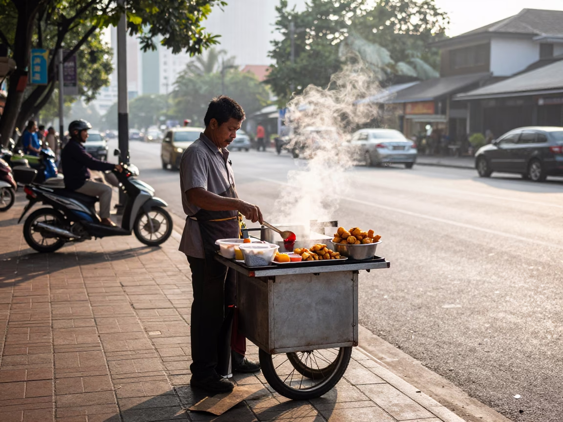 Street Vendor Selling Accra Fritters with Chili Sauce in Kuala Lumpur Morning Light in in Kuala Lumpur, Malaysia