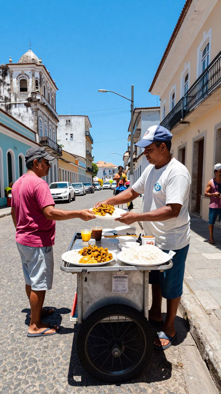 Street Vendor Selling Aji De Gallina and Rice Under Noon Sun in Salvador Brazil in in Salvador, Brazil