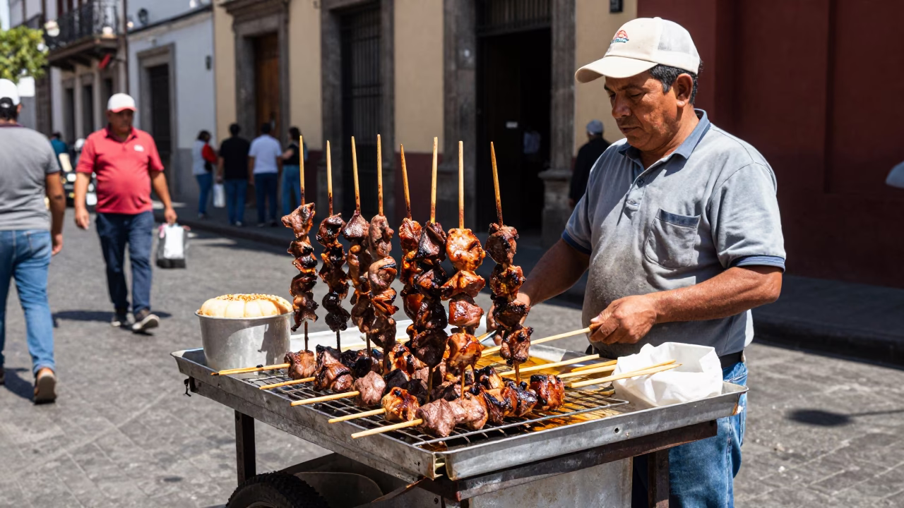 Street Vendor Selling Anticuchos on Skewers in Mexico City Midday Sun in in Mexico City, Mexico