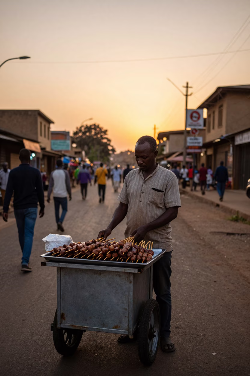 Street Vendor Selling Anticuchos on Skewers in Nairobi Kenya at Sunset in in Nairobi, Kenya