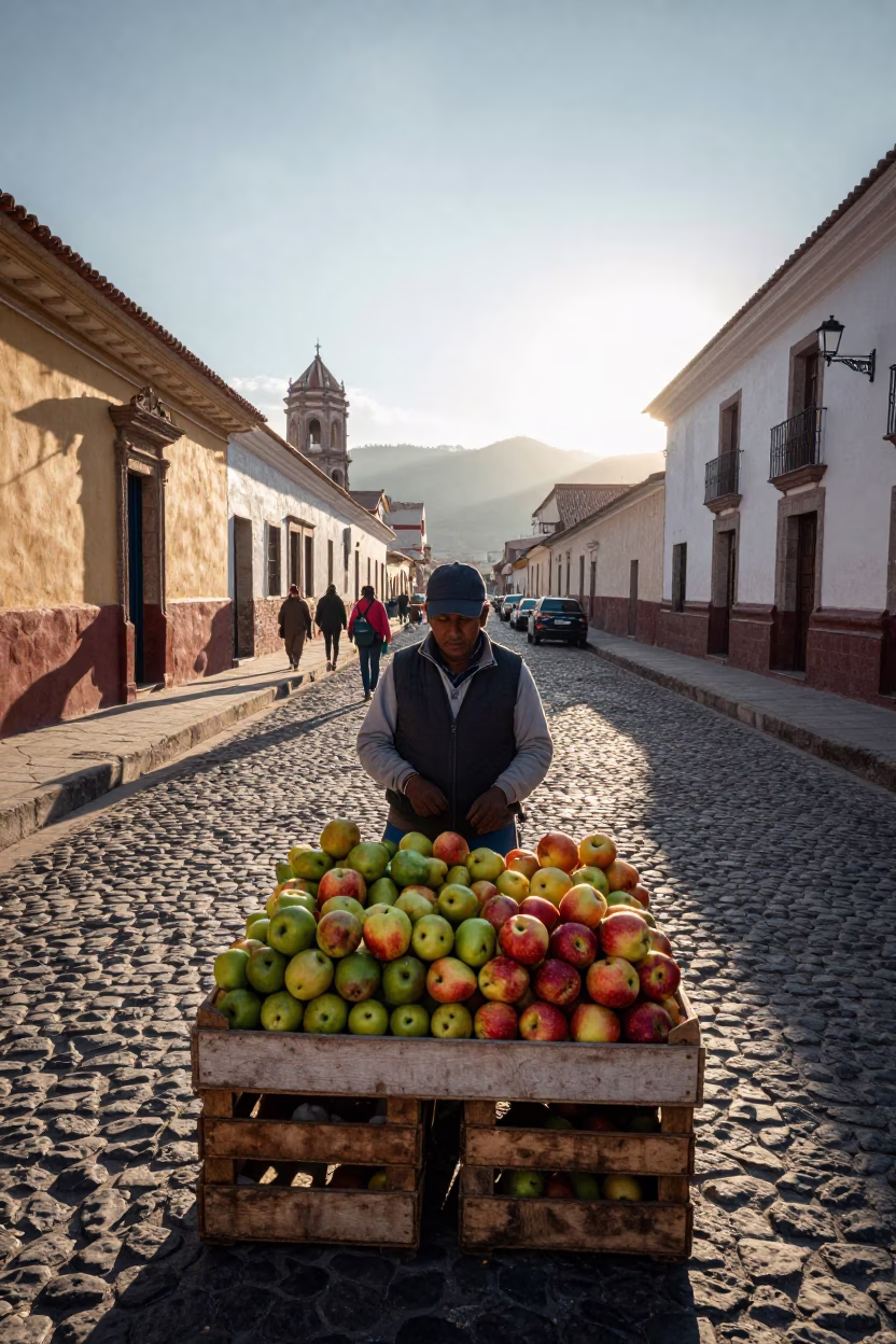 Street Vendor Selling Apples in La Paz Bolivia Morning Market Scene in in La Paz, Bolivia