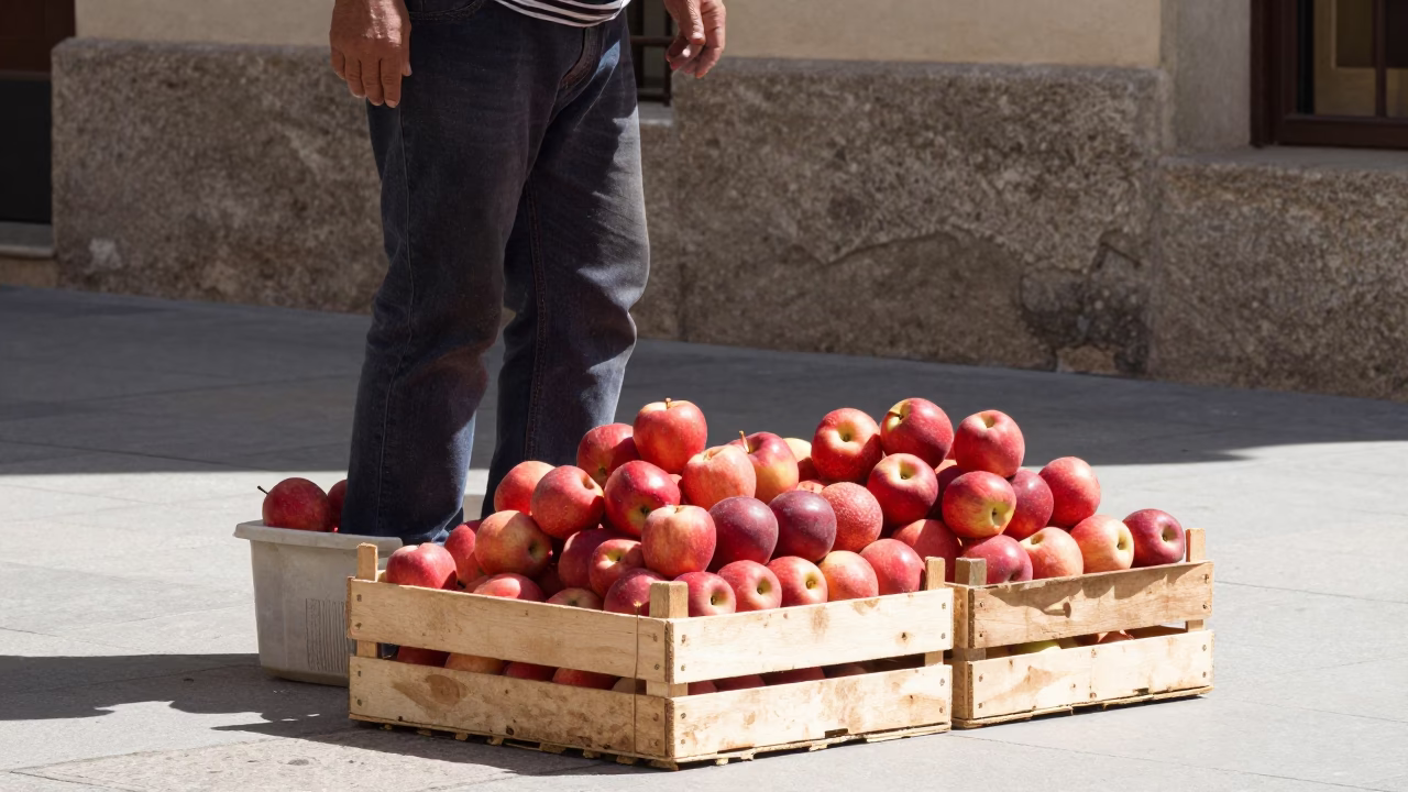 Street Vendor Selling Apples Under Harsh Noon Sun in Valencia Spain in in Valencia, Spain