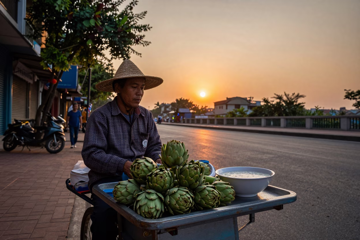 Street Vendor Selling Artichokes and Congee in Hanoi Vietnam at Sunset in in Hanoi, Vietnam